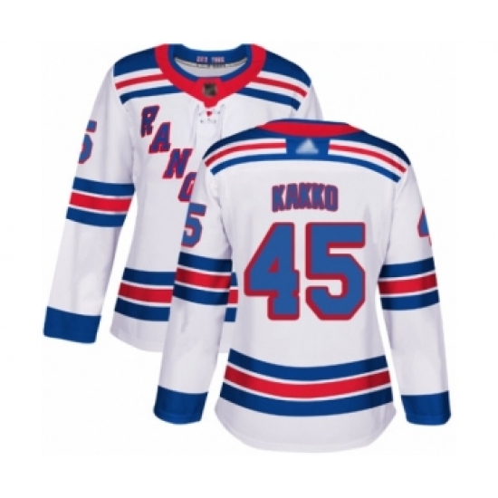 Women's New York Rangers 45 Kaapo Kakko Authentic White Away Hockey Jersey