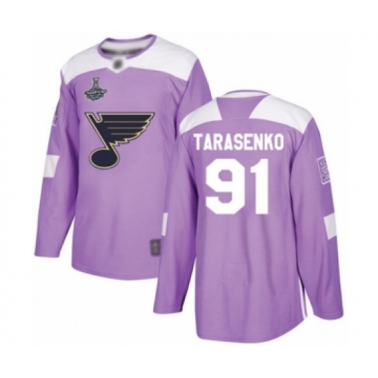 Youth St. Louis Blues 91 Vladimir Tarasenko Authentic Purple Fights Cancer Practice 2019 Stanley Cup Champions Hockey Jersey