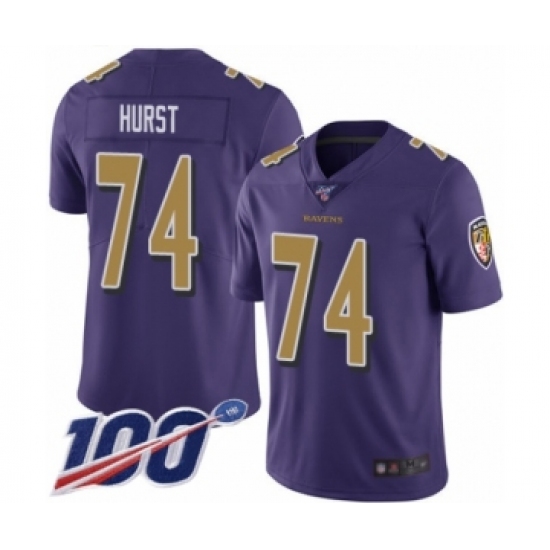 Men's Baltimore Ravens 74 James Hurst Limited Purple Rush Vapor Untouchable 100th Season Football Jersey