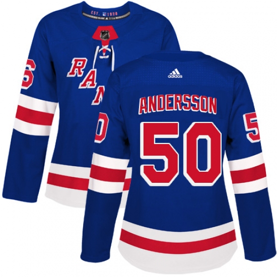 Women's Adidas New York Rangers 50 Lias Andersson Authentic Royal Blue Home NHL Jersey