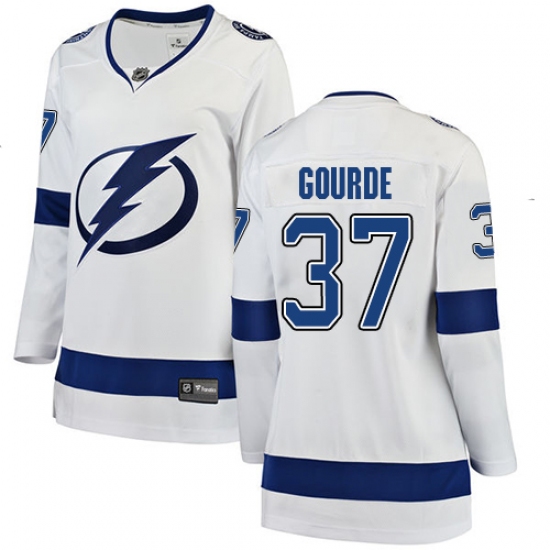 Women's Tampa Bay Lightning 37 Yanni Gourde Fanatics Branded White Away Breakaway NHL Jersey