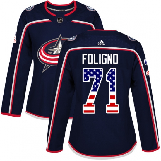 Women's Adidas Columbus Blue Jackets 71 Nick Foligno Authentic Navy Blue USA Flag Fashion NHL Jersey