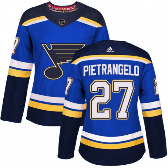 Women's Adidas St. Louis Blues 27 Alex Pietrangelo Authentic Royal Blue Home NHL Jersey