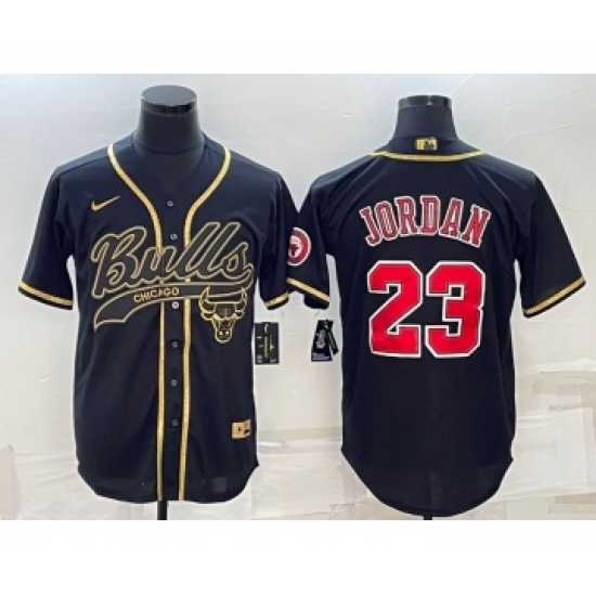 Men's Chicago Bulls 23 Michael Jordan Black Gold With Patch Cool Base Stitched Baseball Jersey