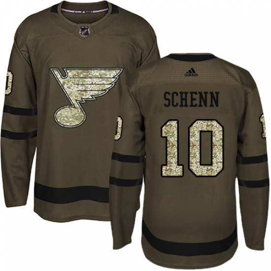 Men's Adidas St. Louis Blues 10 Brayden Schenn Authentic Green Salute to Service NHL Jersey