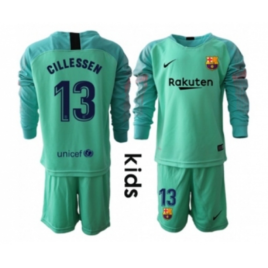 Barcelona 13 Cillessen Green Goalkeeper Long Sleeves Kid Soccer Club Jersey