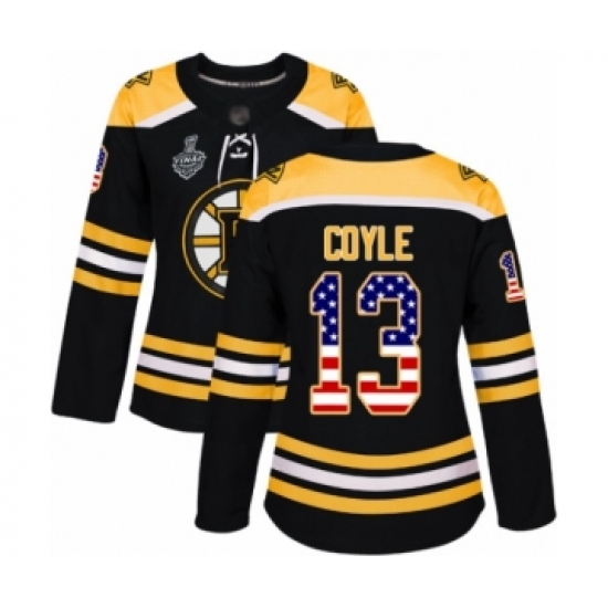 Women's Boston Bruins 13 Charlie Coyle Authentic Black USA Flag Fashion 2019 Stanley Cup Final Bound Hockey Jersey