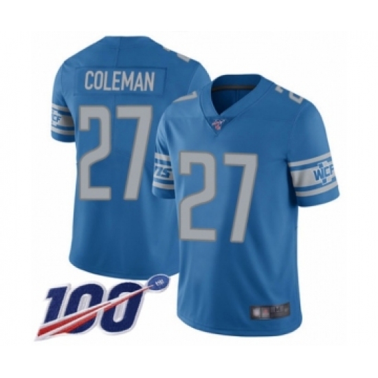 Men's Detroit Lions 27 Justin Coleman Blue Team Color Vapor Untouchable Limited Player 100th Season Football Jersey