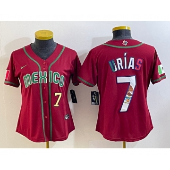 Women's Mexico Baseball 7 Julio Urias Number 2023 Red World Baseball Classic Stitched Jersey6