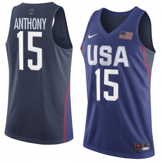 Men's Nike Team USA 15 Carmelo Anthony Authentic Navy Blue 2016 Olympic Basketball Jersey