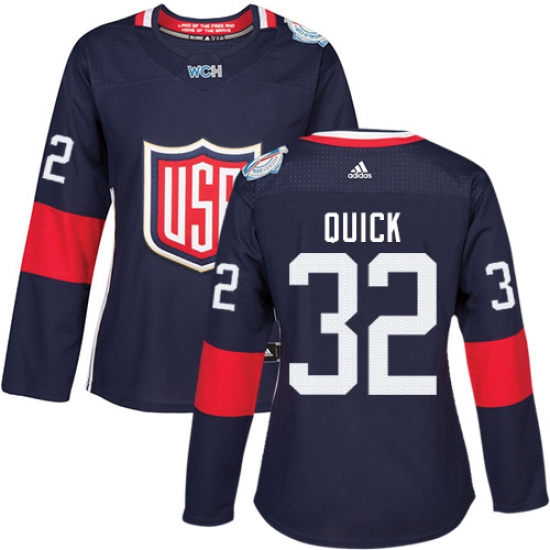 Women's Adidas Team USA 32 Jonathan Quick Premier Navy Blue Away 2016 World Cup Hockey Jersey