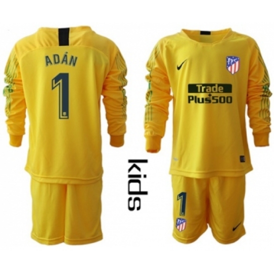 Atletico Madrid 1 Adan Yellow Goalkeeper Long Sleeves Kid Soccer Club Jersey