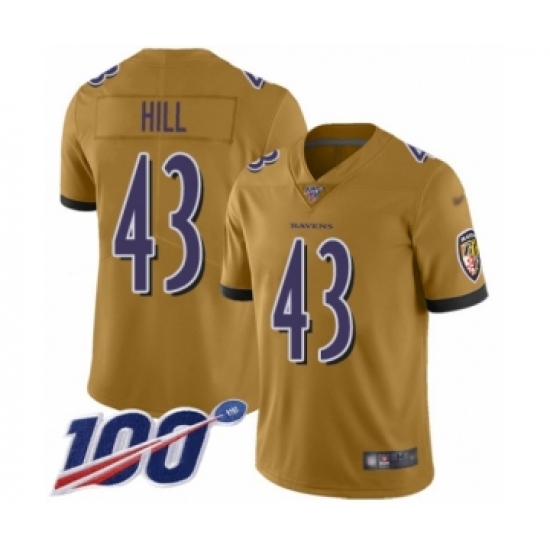 Men's Baltimore Ravens 43 Justice Hill Limited Gold Inverted Legend 100th Season Football Jersey