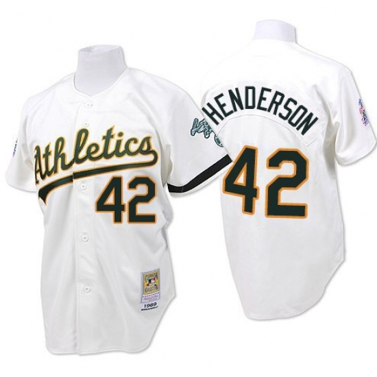 Men's Mitchell and Ness Oakland Athletics 42 Dave Henderson Replica White Throwback MLB Jersey