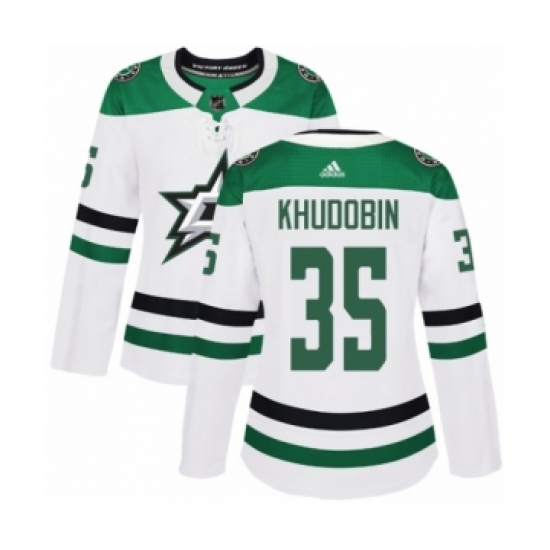 Women's Adidas Dallas Stars 35 Anton Khudobin Authentic White Away NHL Jersey