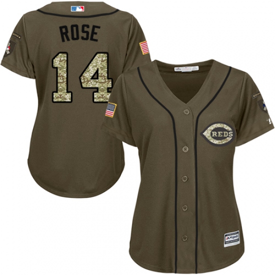 Women's Majestic Cincinnati Reds 14 Pete Rose Replica Green Salute to Service MLB Jersey