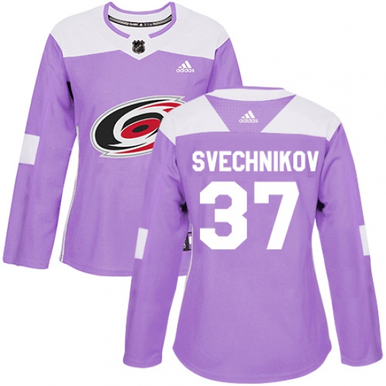 Women's Adidas Carolina Hurricanes 37 Andrei Svechnikov Authentic Purple Fights Cancer Practice NHL Jersey