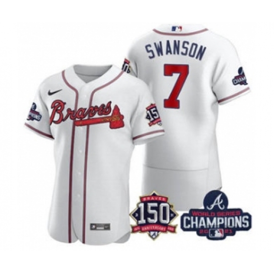 Men's Atlanta Braves 7 Dansby Swanson 2021 White World Series Champions With 150th Anniversary Flex Base Stitched Jersey