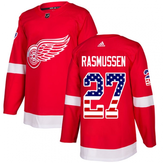 Men's Adidas Detroit Red Wings 27 Michael Rasmussen Authentic Red USA Flag Fashion NHL Jersey