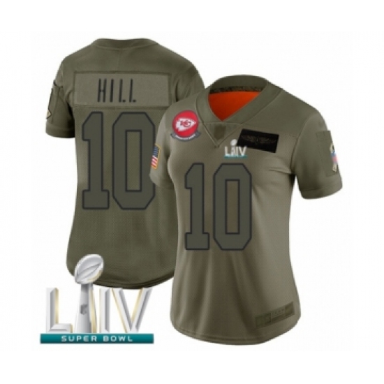 Women's Kansas City Chiefs 10 Tyreek Hill Limited Olive 2019 Salute to Service Super Bowl LIV Bound Football Jersey