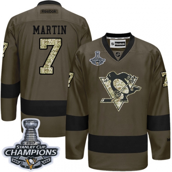 Men's Reebok Pittsburgh Penguins 7 Paul Martin Authentic Green Salute to Service 2017 Stanley Cup Champions NHL Jersey