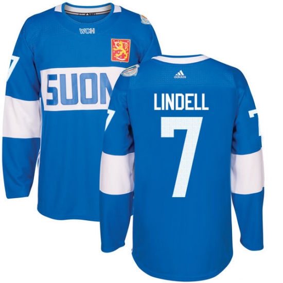 Men's Adidas Team Finland 7 Esa Lindell Authentic Blue Away 2016 World Cup of Hockey Jersey