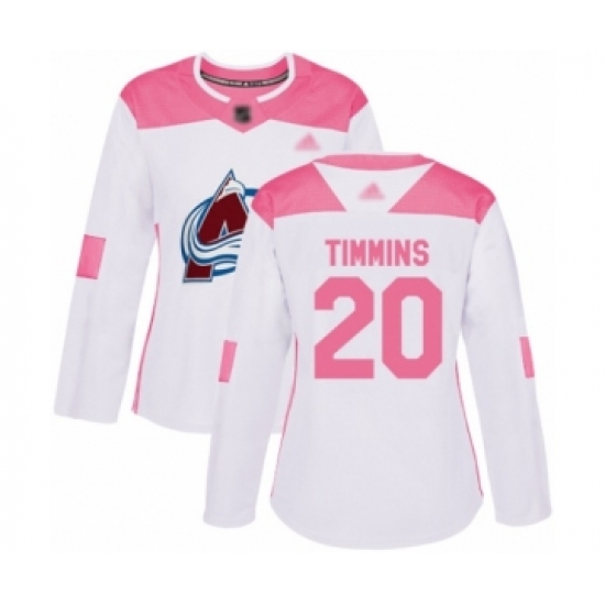 Women's Colorado Avalanche 20 Conor Timmins Authentic White Pink Fashion Hockey Jersey