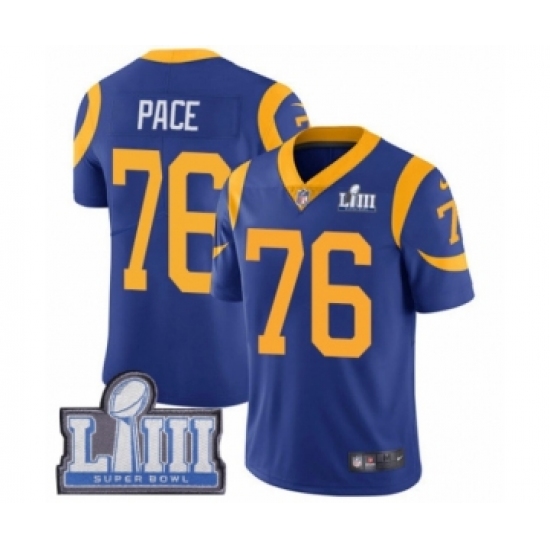 Youth Nike Los Angeles Rams 76 Orlando Pace Royal Blue Alternate Vapor Untouchable Limited Player Super Bowl LIII Bound NFL Jersey