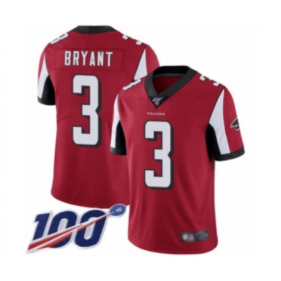 Men's Atlanta Falcons 3 Matt Bryant Red Team Color Vapor Untouchable Limited Player 100th Season Football Jersey