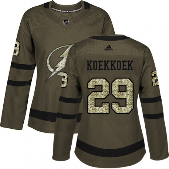 Women's Adidas Tampa Bay Lightning 29 Slater Koekkoek Authentic Green Salute to Service NHL Jersey