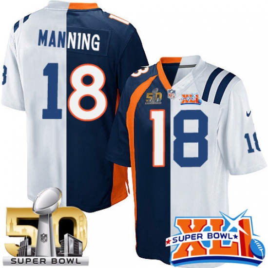 Youth Nike Denver Broncos 18 Peyton Manning Elite Navy Blue/White Split Fashion Super Bowl L & Super Bowl XLI NFL Jersey