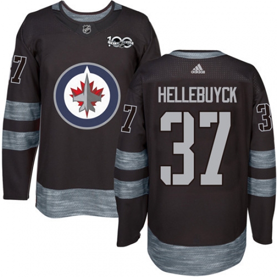 Men's Adidas Winnipeg Jets 37 Connor Hellebuyck Premier Black 1917-2017 100th Anniversary NHL Jersey