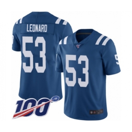 Men's Indianapolis Colts 53 Darius Leonard Royal Blue Team Color Vapor Untouchable Limited Player 100th Season Football Jersey