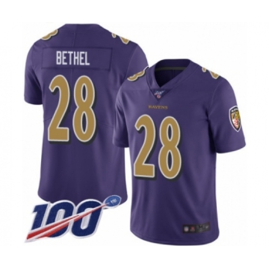 Men's Baltimore Ravens 28 Justin Bethel Limited Purple Rush Vapor Untouchable 100th Season Football Jersey