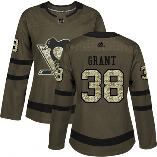 Women's Adidas Pittsburgh Penguins 38 Derek Grant Authentic Green Salute to Service NHL Jersey