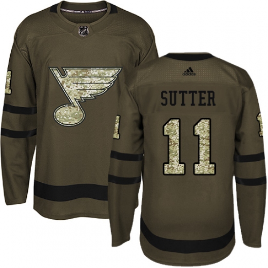 Men's Adidas St. Louis Blues 11 Brian Sutter Premier Green Salute to Service NHL Jersey