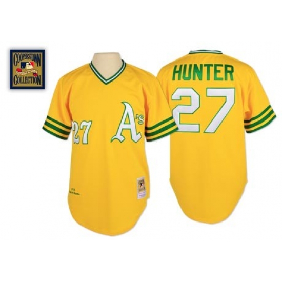 Men's Mitchell and Ness Oakland Athletics 27 Catfish Hunter Replica Gold Throwback MLB Jersey