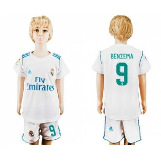 Real Madrid 9 Benzema White Home Kid Soccer Club Jersey