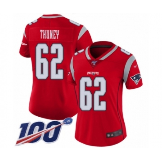 Women's New England Patriots 62 Joe Thuney Limited Red Inverted Legend 100th Season Football Jersey