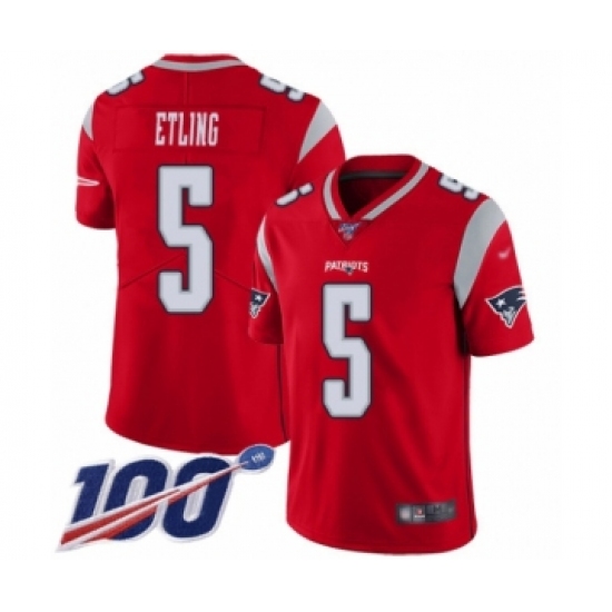 Men's New England Patriots 5 Danny Etling Limited Red Inverted Legend 100th Season Football Jersey
