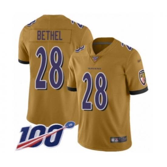 Youth Baltimore Ravens 28 Justin Bethel Limited Gold Inverted Legend 100th Season Football Jersey