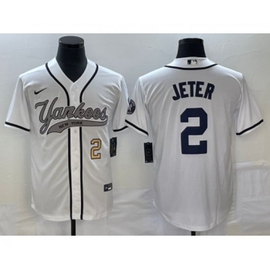 Men's New York Yankees 2 Derek Jeter Number White Cool Base Stitched Baseball Jersey