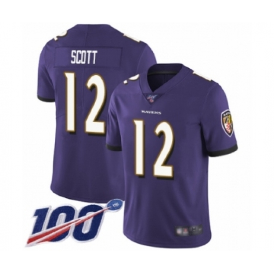 Men's Baltimore Ravens 12 Jaleel Scott Purple Team Color Vapor Untouchable Limited Player 100th Season Football Jersey