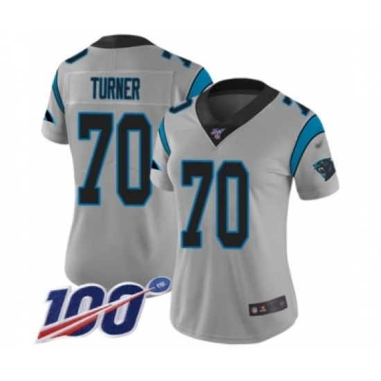 Women's Carolina Panthers 70 Trai Turner Silver Inverted Legend Limited 100th Season Football Jersey