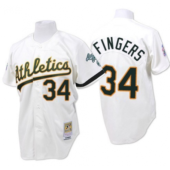 Men's Mitchell and Ness Oakland Athletics 34 Rollie Fingers Authentic White Throwback MLB Jersey