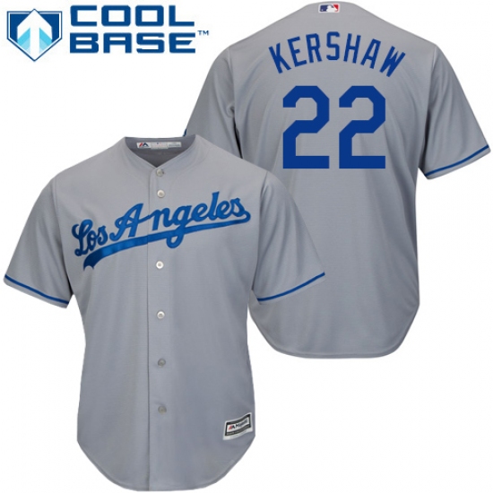 Youth Majestic Los Angeles Dodgers 22 Clayton Kershaw Replica Grey Road Cool Base MLB Jersey