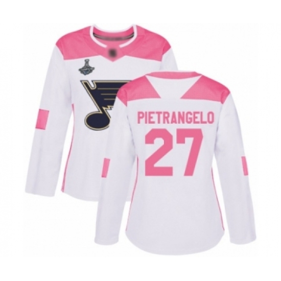 Women's St. Louis Blues 27 Alex Pietrangelo Authentic White Pink Fashion 2019 Stanley Cup Champions Hockey Jersey