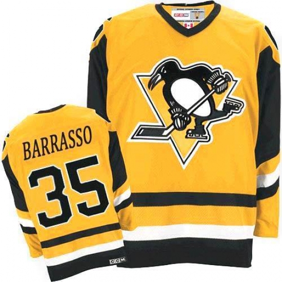 Men's CCM Pittsburgh Penguins 35 Tom Barrasso Authentic Yellow Throwback NHL Jersey