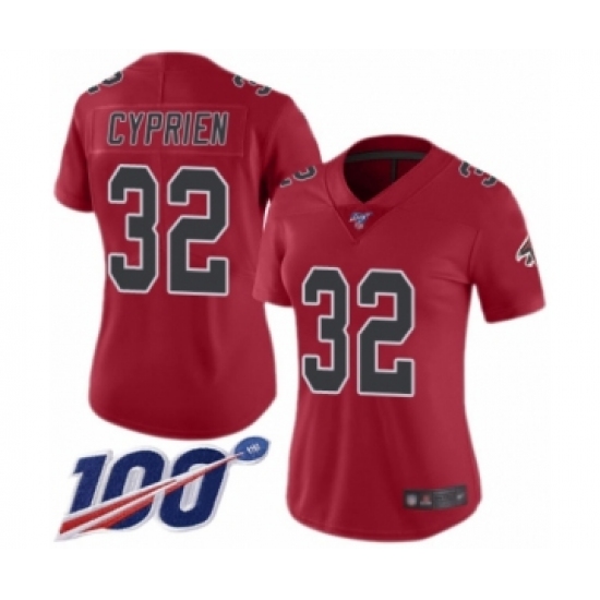 Women's Atlanta Falcons 32 Johnathan Cyprien Limited Red Rush Vapor Untouchable 100th Season Football Jersey