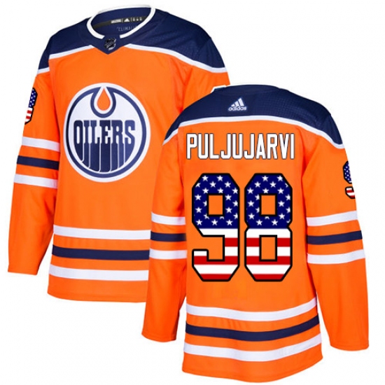 Men's Adidas Edmonton Oilers 98 Jesse Puljujarvi Authentic Orange USA Flag Fashion NHL Jersey